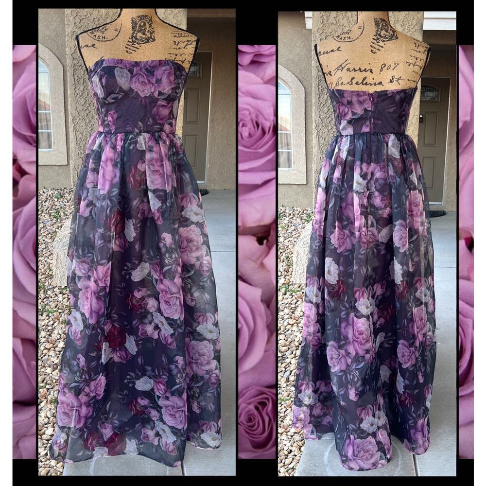 Lulus Strapless Bustier Purple Floral Print Wonderful Waltz Maxi Dress Size M - Picture 9 of 15